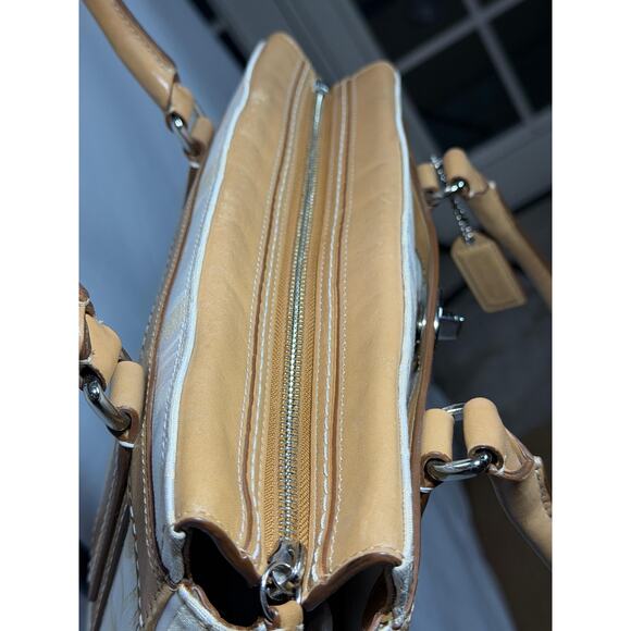 COACH Signature Canvas & Leather Satchel Beige/Khaki – Medium Turnlock Tote - Picture 8 of 9